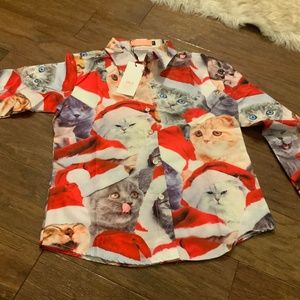 kids kitten kitty cat Santa holiday button down shirt, party new with tags